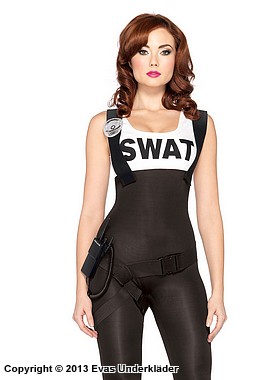 Kvinnelig SWAT-betjent, kostyme-jumpsuit, belte, seler